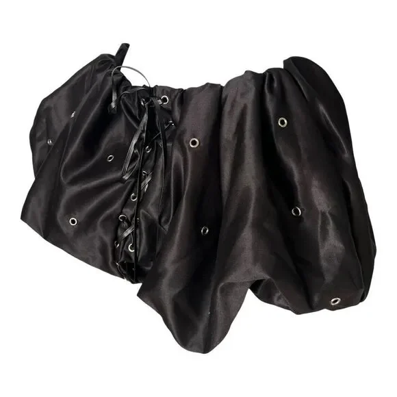 Black Satin Bubble Mini Skirt with Lace-Up Detail Size S - Picture 3 of 8
